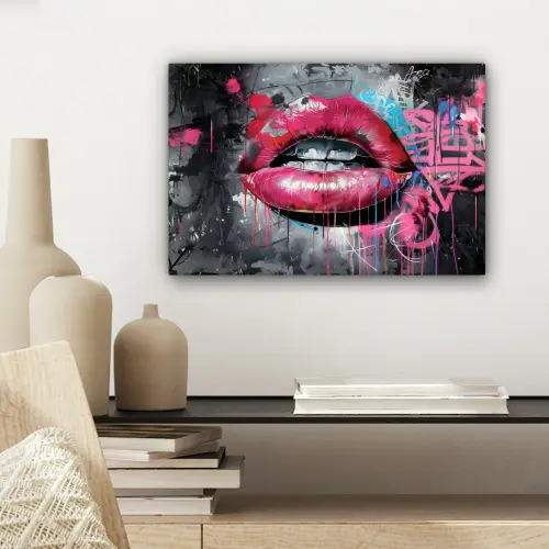Lippen - Felroze - Graffiti - Verfstrepen canvas 2cm klein -sfeer6