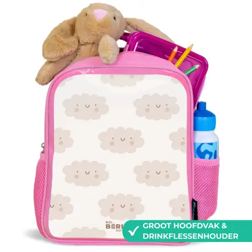 Vrolijke wolkjes met gezichtjes op crèmekleurige achtergrond Kinderrugzak - Roze middel -inhoud_NL