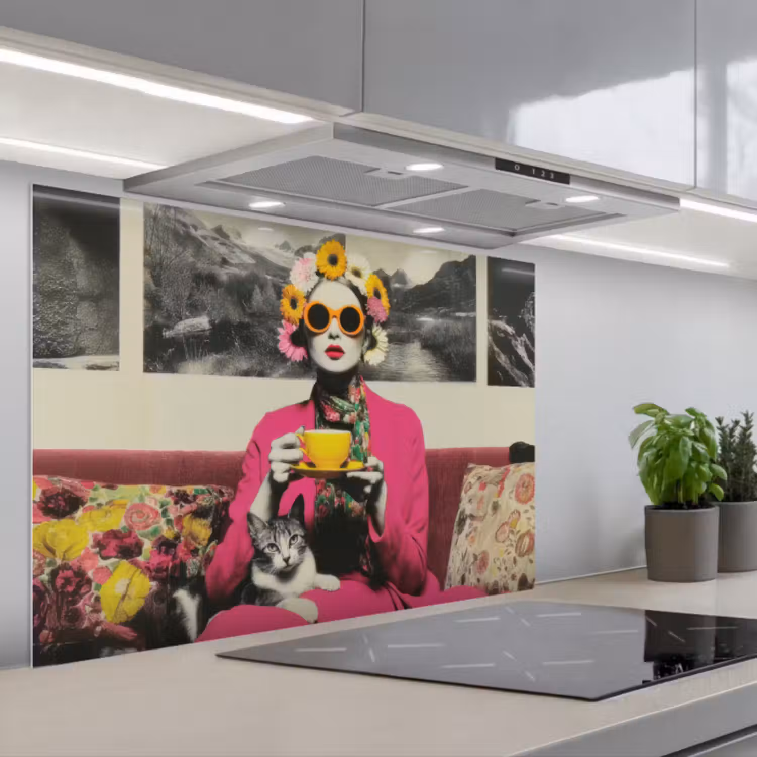 Spatscherm keuken - Vrouw - Kat - Bloemen - Kopje - Retro