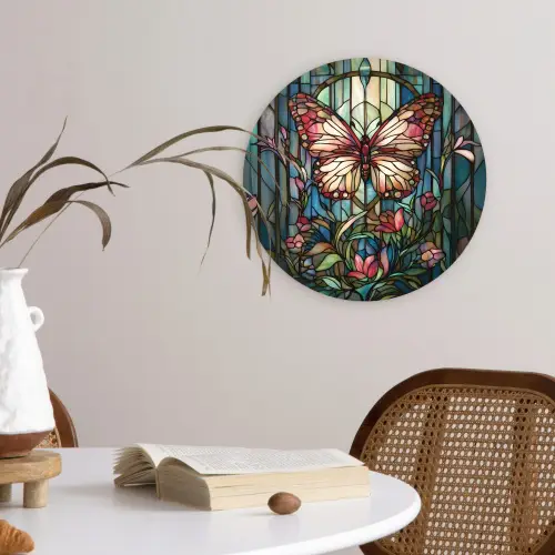 Vlinder - Roze - Bloemen - Bladeren Wandcirkel kunststof plaat 5mm dik klein -sfeer4