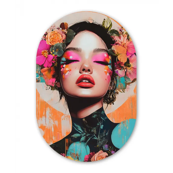Portret - Vrouw - Abstract - Bloemen Wandcirkel Ovaal Glas middel -3d