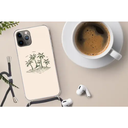Palmbomen - Strand - Beige - Groen - Tropisch Hoesje iPhone 12 Pro met koord klein -oordop