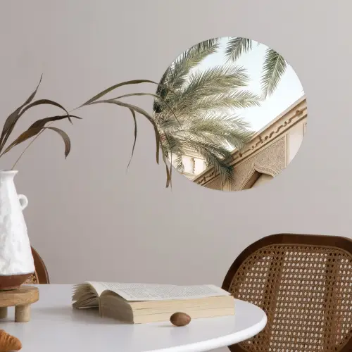 Gebouw - Palmbomen - Beige - Zon Wandcirkel behangsticker klein -sfeer3