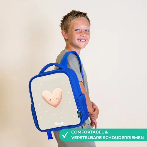 Roze hart omringd door beige stippen Kinderrugzak - Blauw middel -sfeer3_NL