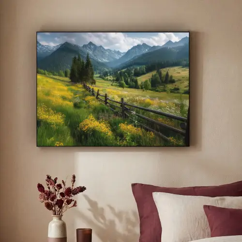 Veld - Hek - Bergen - Bloemen Textielframe zwart klein -sfeer1