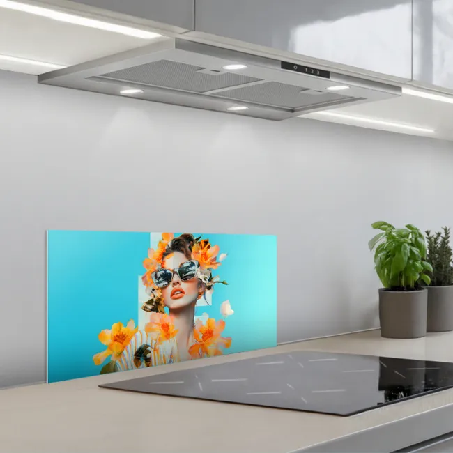 Bloemen - Vrouw - Zonnebril - Blauw keuken achterwand spatscherm klein -3d_schuin