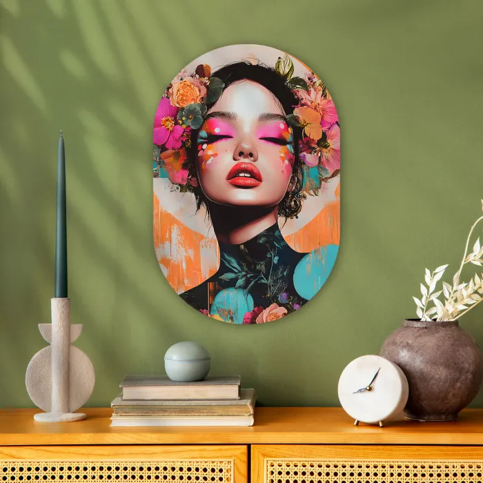 Portret - Vrouw - Abstract - Bloemen Wandcirkel Ovaal Forex klein -sfeer2