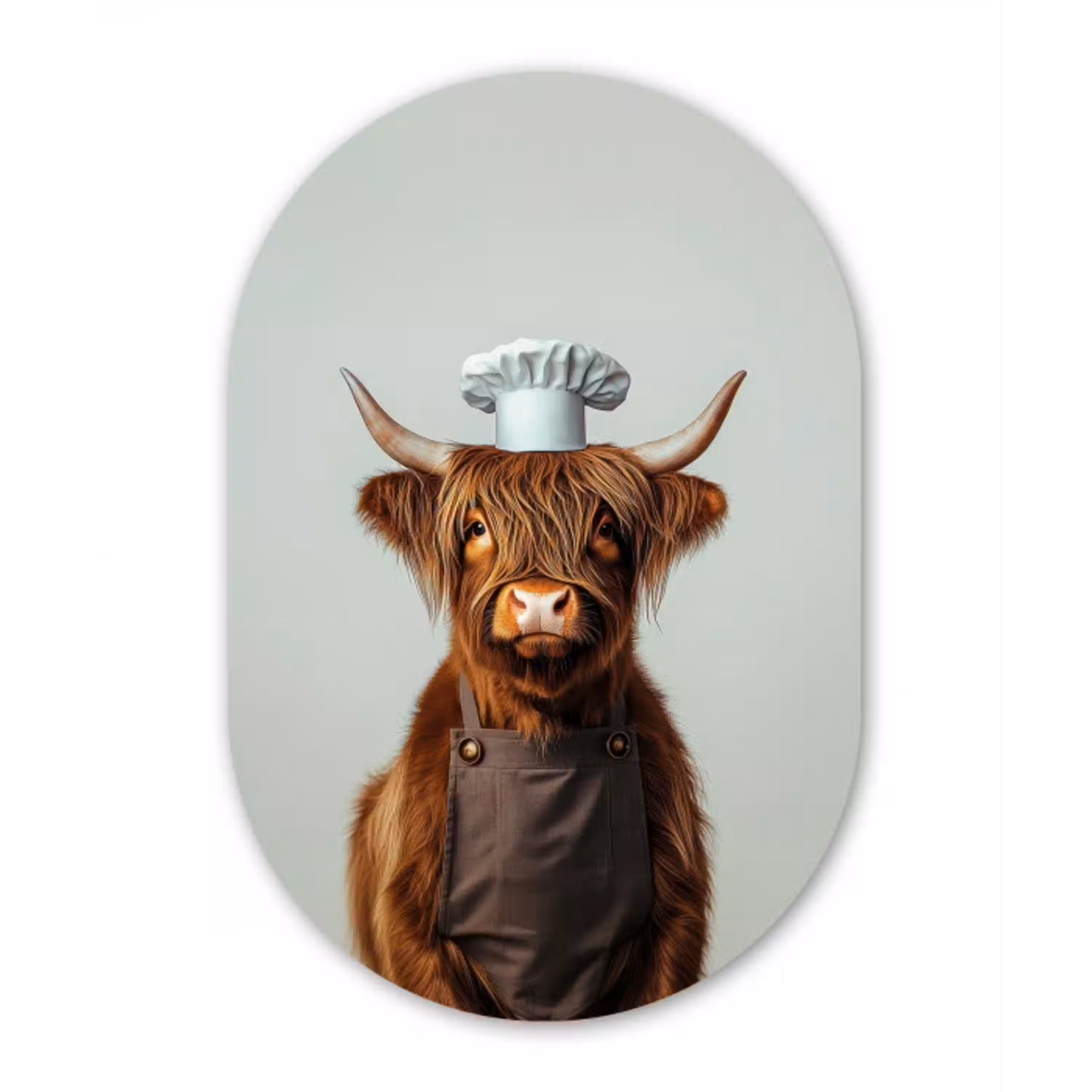 Schotse Hooglander - Bruin - Hoorns - Kokskleding Wandcirkel Ovaal Glas middel -3d