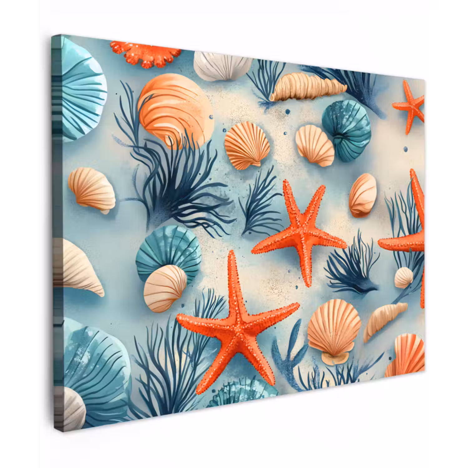 Canvas schilderij - Zeesterren - Schelpen - Illustratie - Zand
