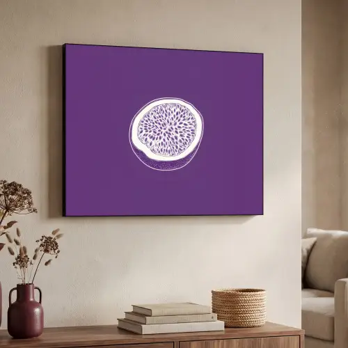 Passievrucht - Zaadjes - Paars - Minimalistisch Textielframe zwart klein -sfeer3