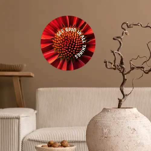Close up - Bloem - Quote - Rood Wandcirkel behangsticker klein -sfeer1