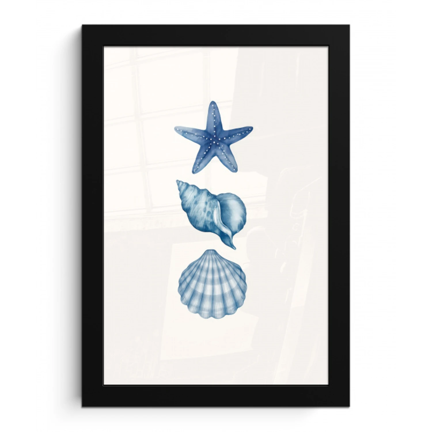 Zeester - Schelpen - Blauw fotolijst zwart zonder passe partout klein -3d