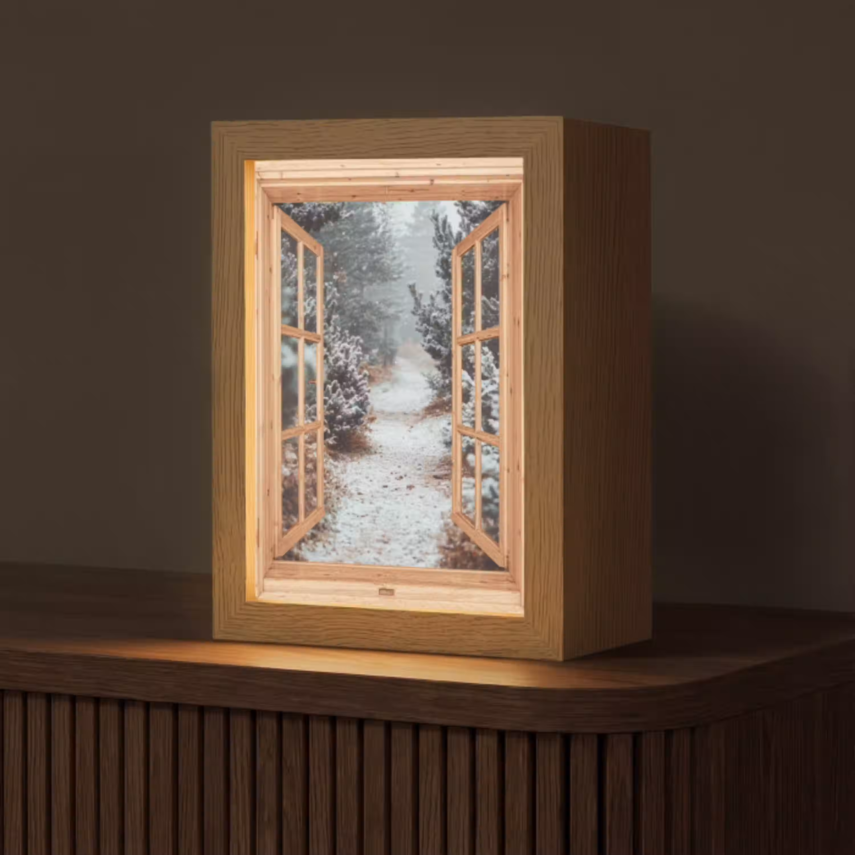 Bos - Winter - Bomen - Natuur - Pad - Doorkijk Light Box met kabel (Tafellamp) klein -z3d_website