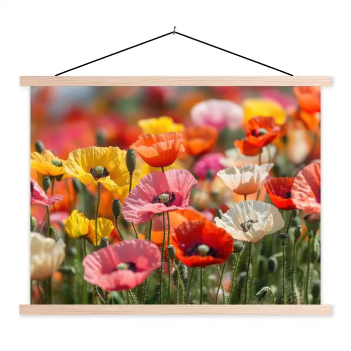 Bloemenveld - Klaprozen - Kleurrijk textielposter latten blank klein -3d