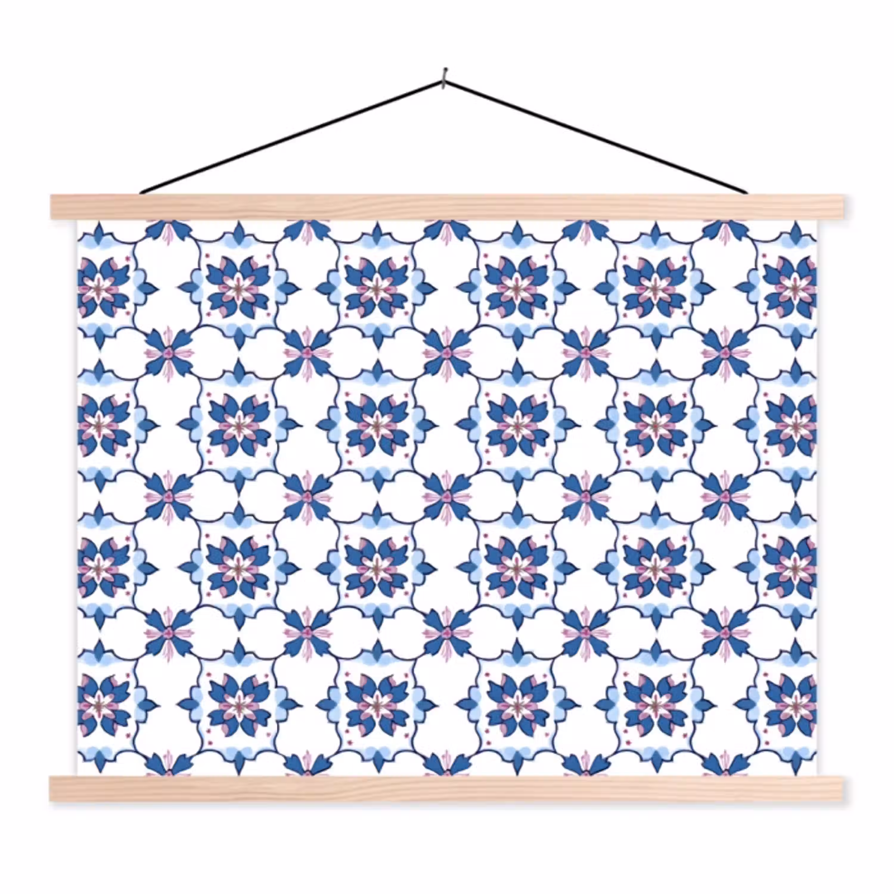 Modern - Patroon - Blauw - Roze textielposter latten blank klein 122 -3d