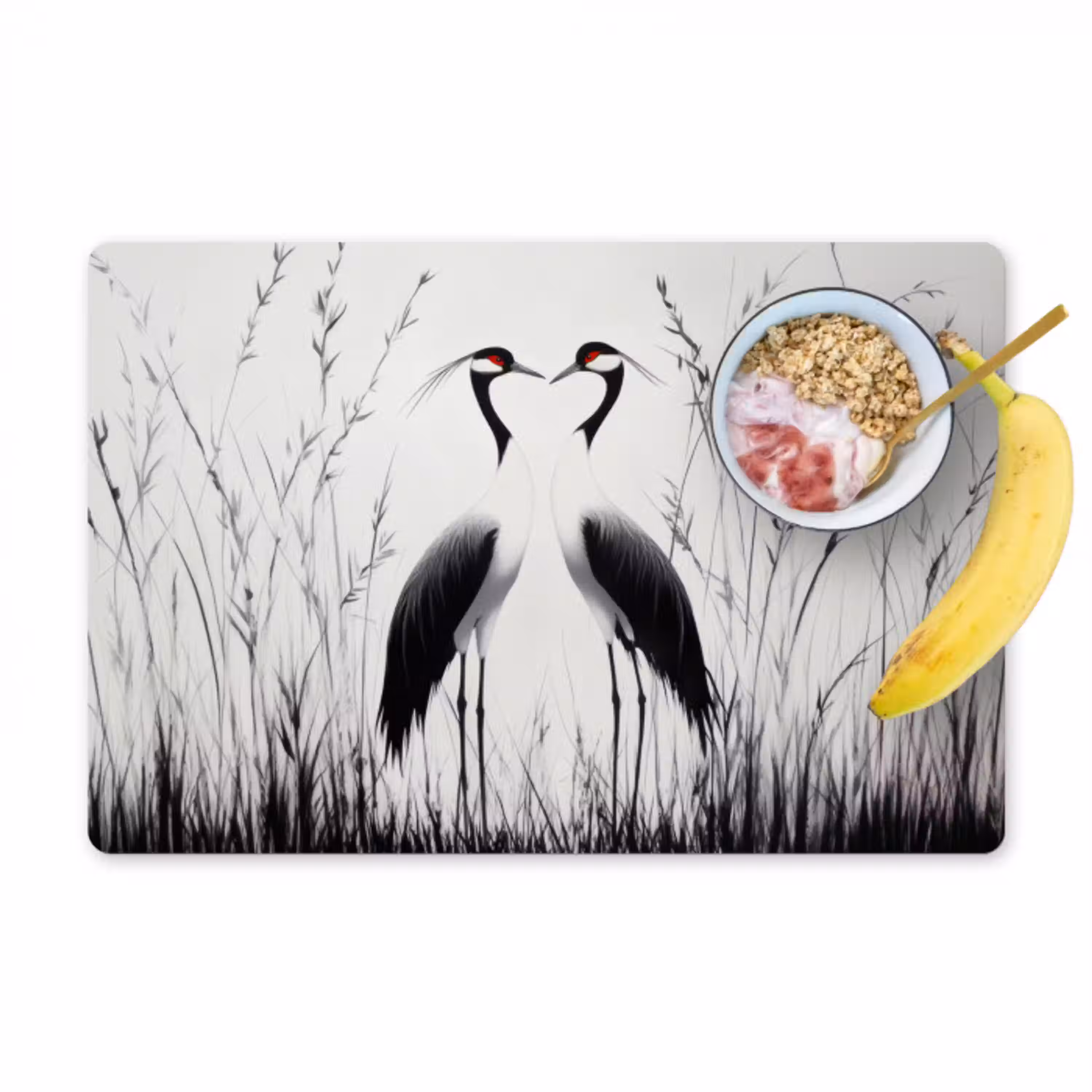 Kraanvogels - Gras - Hartvorm - Zwart Placemat vinyl groot -zzzproduct_Kitchenyeah-website