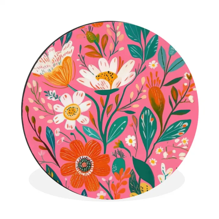 Roze - Bloemen - Wit - Oranje Wandcirkel aluminium klein -3d