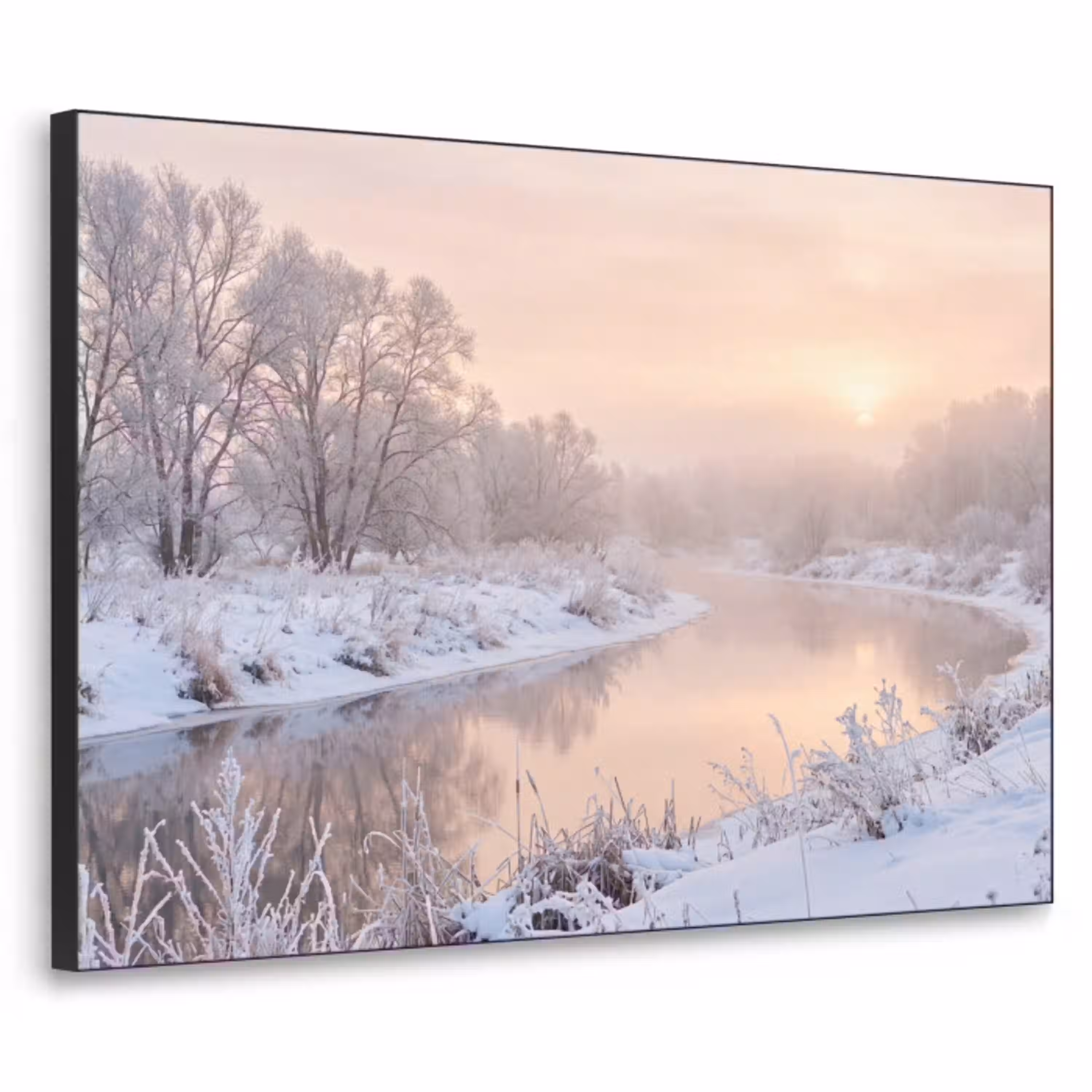 Rivier - Winter - Landschap - Sneeuw - Zonsopgang Textielframe zwart klein -3d