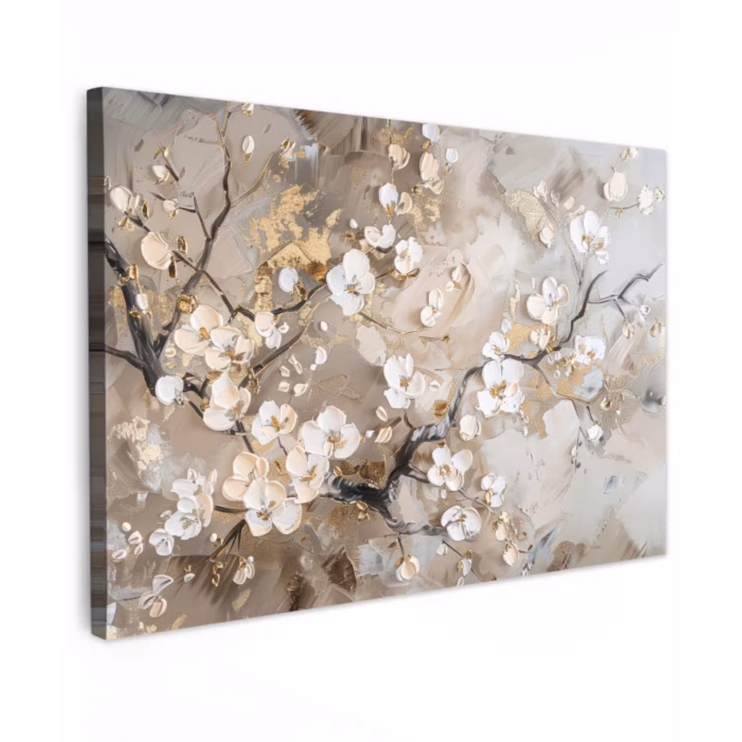 Bloemen - Wit - Goud - Beige  - Luxe canvas 2cm klein -z3d