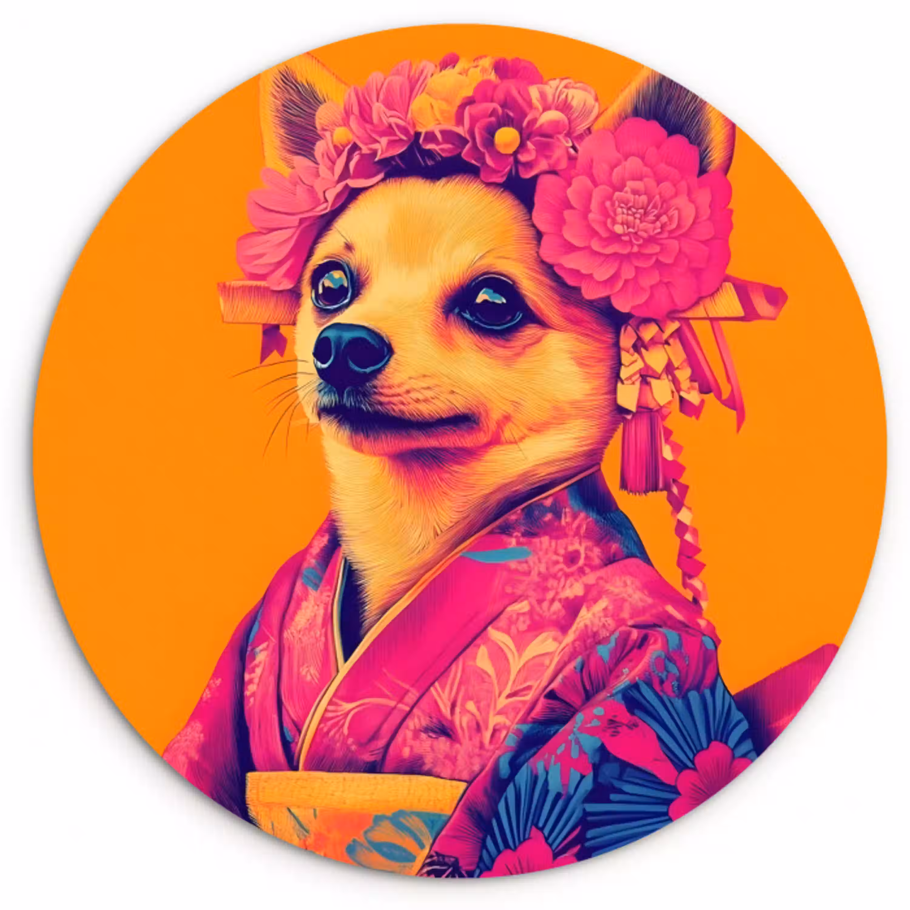 Kimono - Hondje - Bloemenkroon - Oranje Wandcirkel plexiglas klein -3d