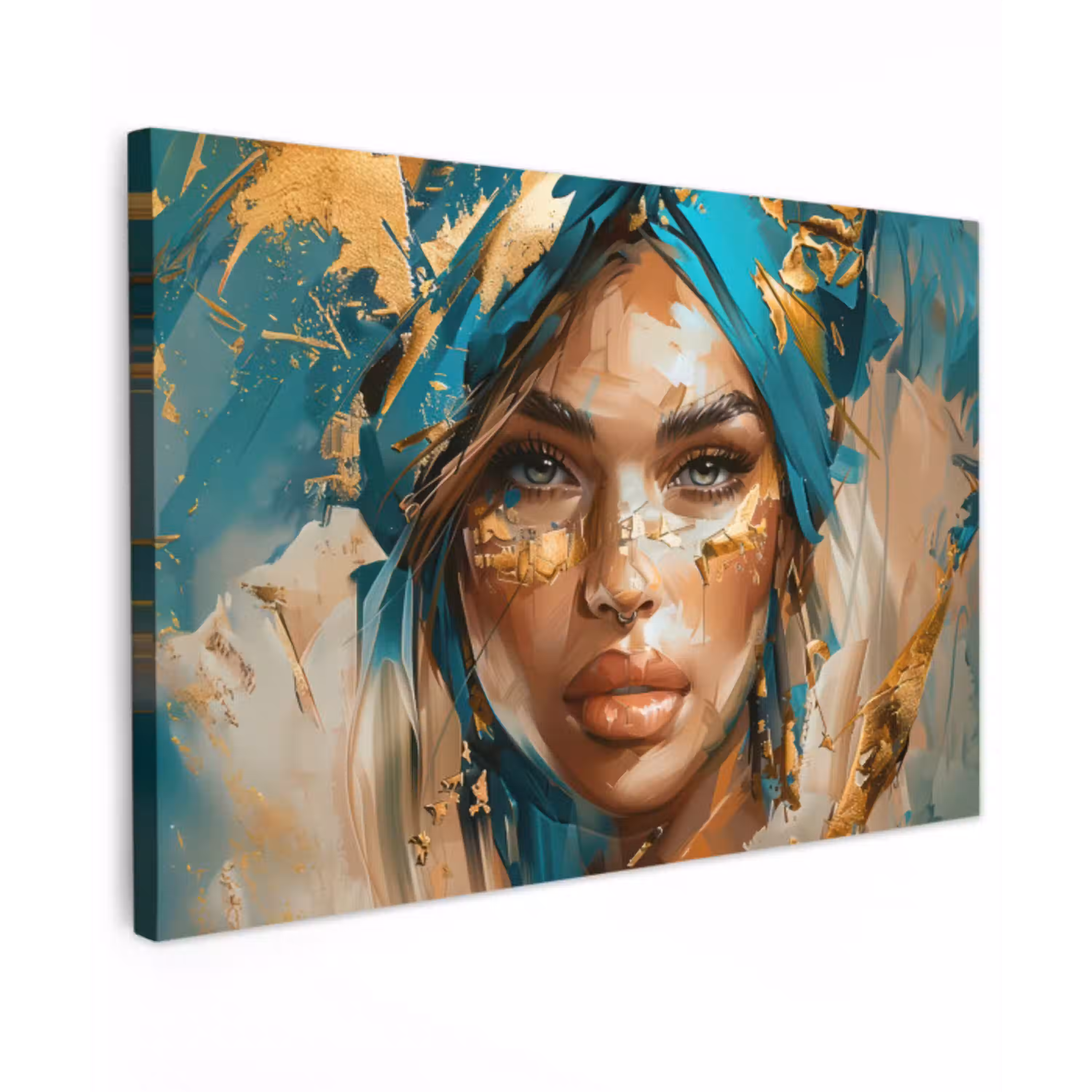 Vrouw - Portret - Goud - Luxe - Blauw canvas 2cm klein -z3d