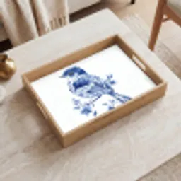 Vogel - Delfts blauw - Illustratie - Bloemen Dienblad Rechthoek middel -sfeer1