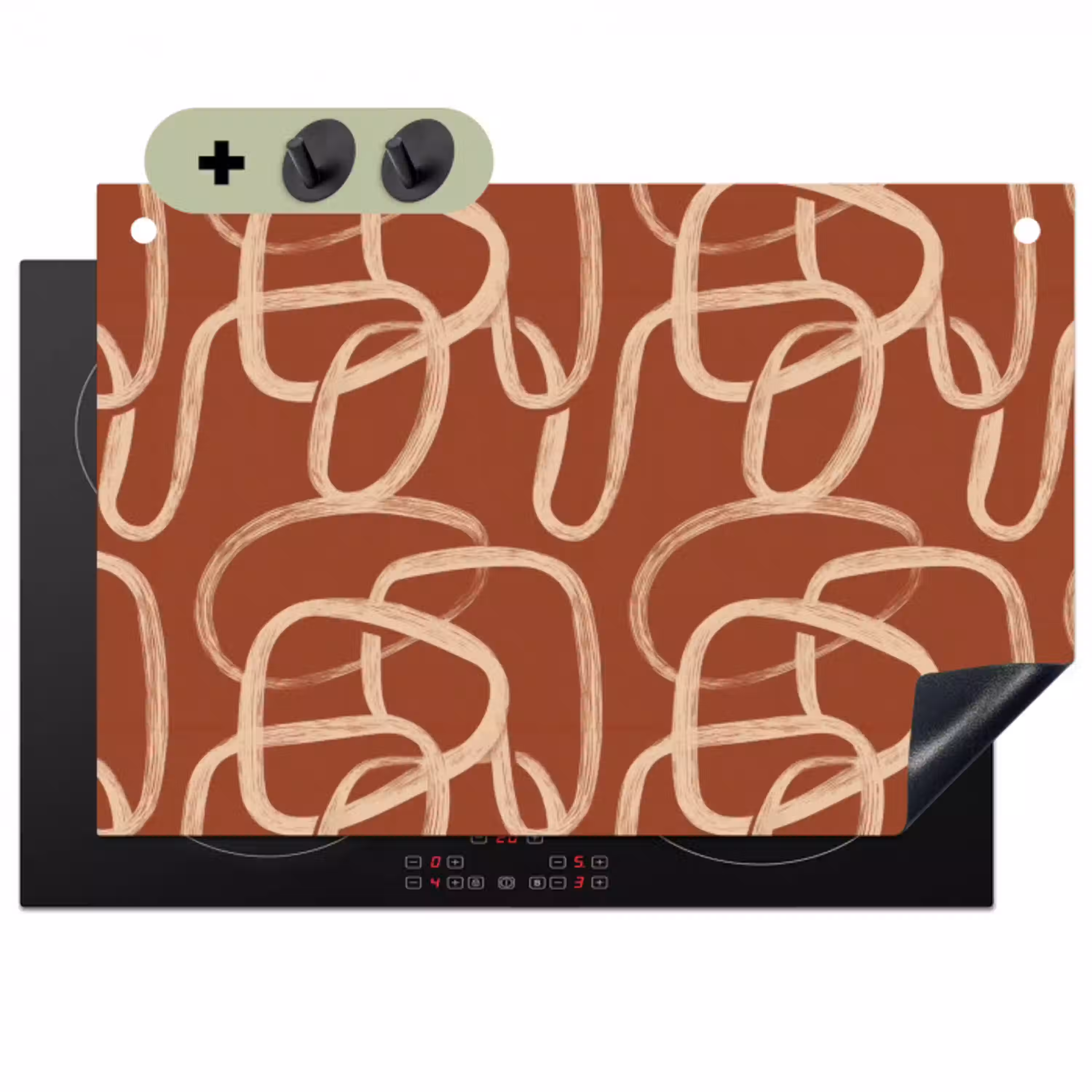 Lijnen - Abstract - Organisch - Terracotta - Crème Inductie beschemer met haakjes klein 777 -3d