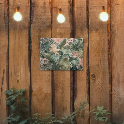 Compositie van bladeren - Groen - Roze tuinposter los doek klein -sfeer1