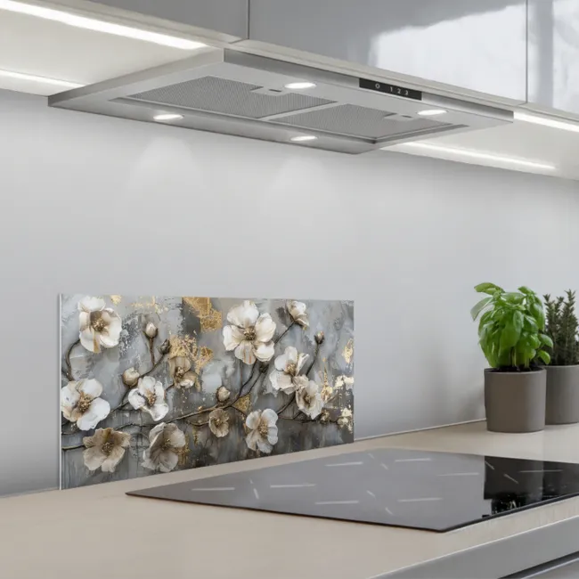 Bloemen - Wit - Grijs - Goud - Luxe keuken achterwand spatscherm klein -3d_schuin