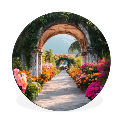 Doorkijk - Bloemen - Tropisch - Kleurrijk Wandcirkel aluminium klein -3d