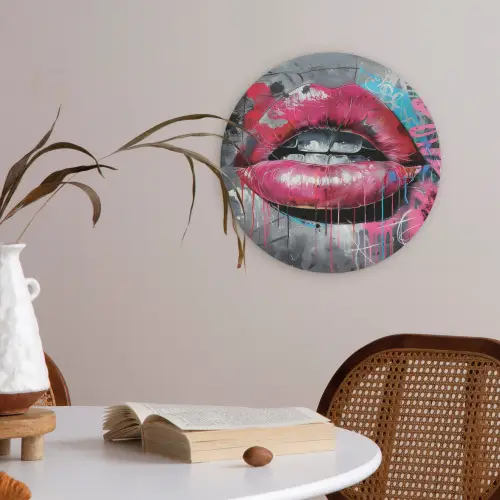 Lippen - Felroze - Graffiti - Verfstrepen Akoestische PET Vilt - Rond klein -sfeer3