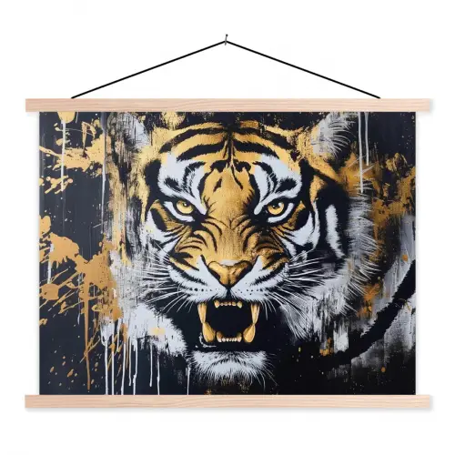 Tijger - Verfspatten - Goud textielposter latten blank klein -3d