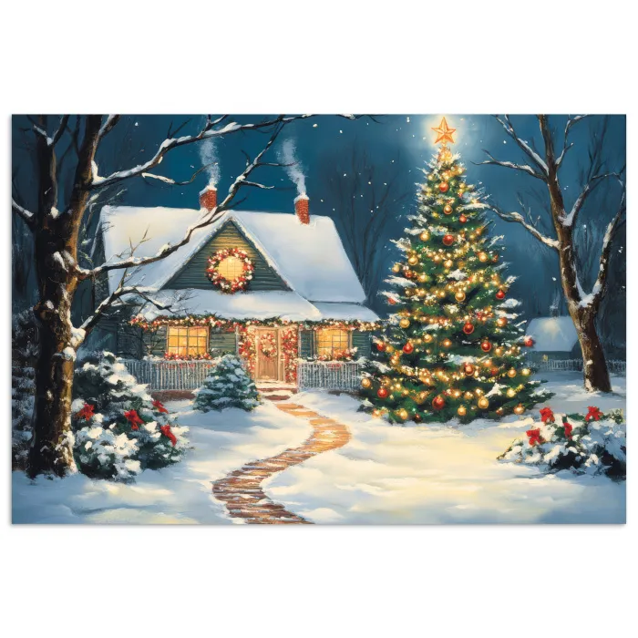 Kerst - Kerstboom - Winter - Huis - Sneeuw poster papier klein -3d