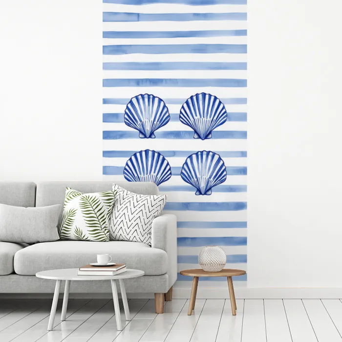 Vier schelpen - Blauw - Wit - Strepen fotobehang vinyl groot -woonkamer
