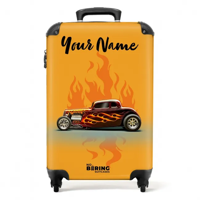 Bruine auto met gele vlammen NBS - Handbagage koffer - Kinderen Unisex middel -productfoto_recht