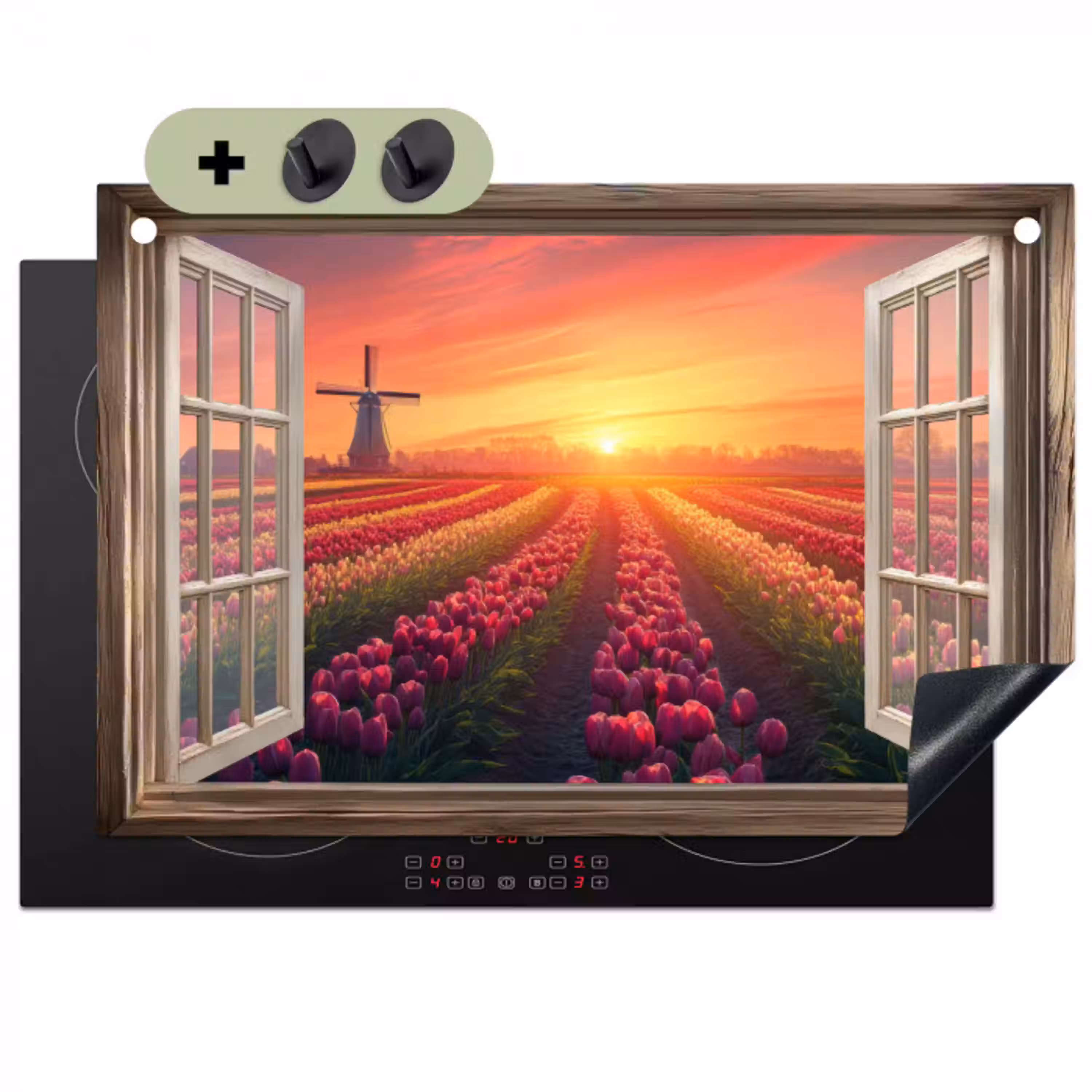 Doorkijk - Tulpen - Zonsondergang - Bloemen - Kleurrijk Inductie beschemer met haakjes klein -3d