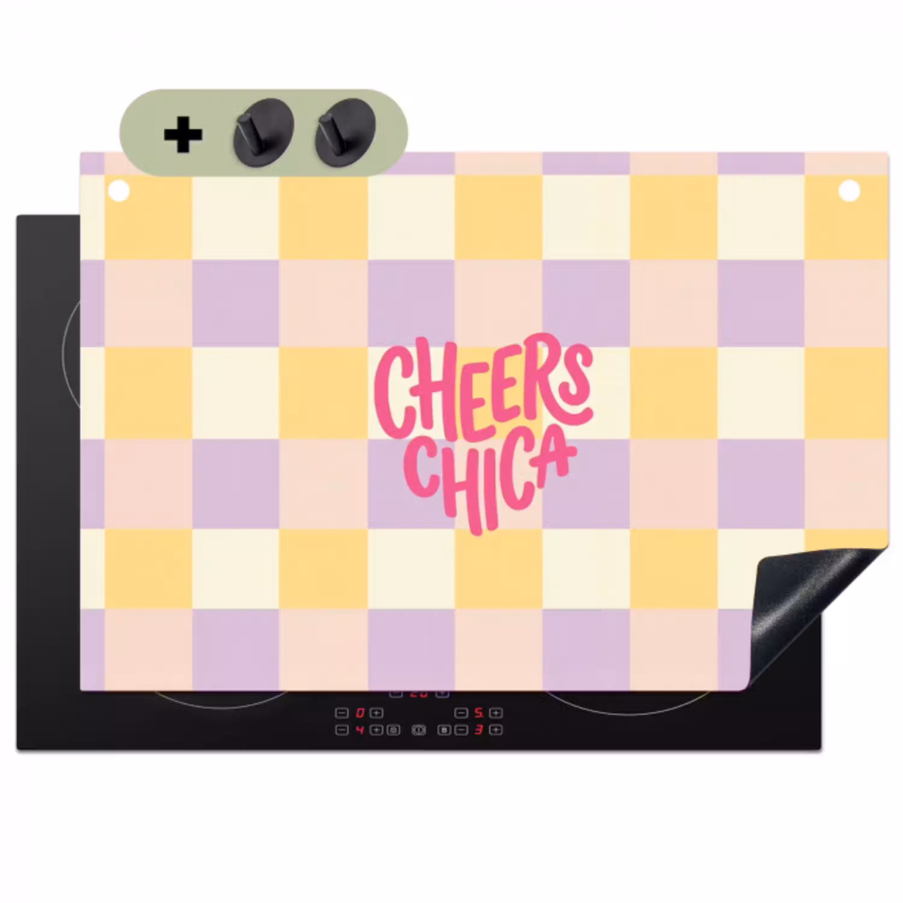 Cheers Chica - Ruitjes - Lila - Geel Inductie beschemer met haakjes klein -3d