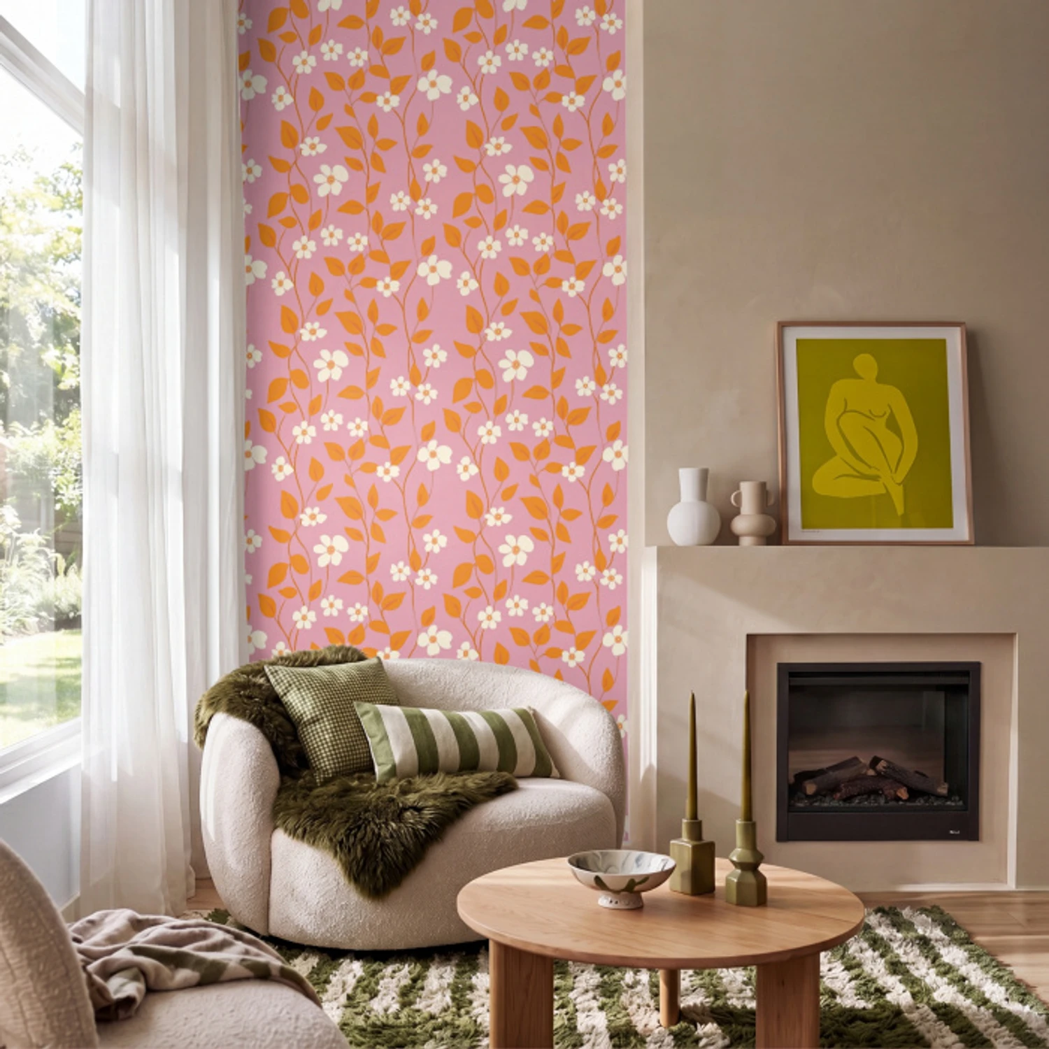 Bloemen - Patroon - Oranje Behang Vinyl klein 1060 -sfeer2