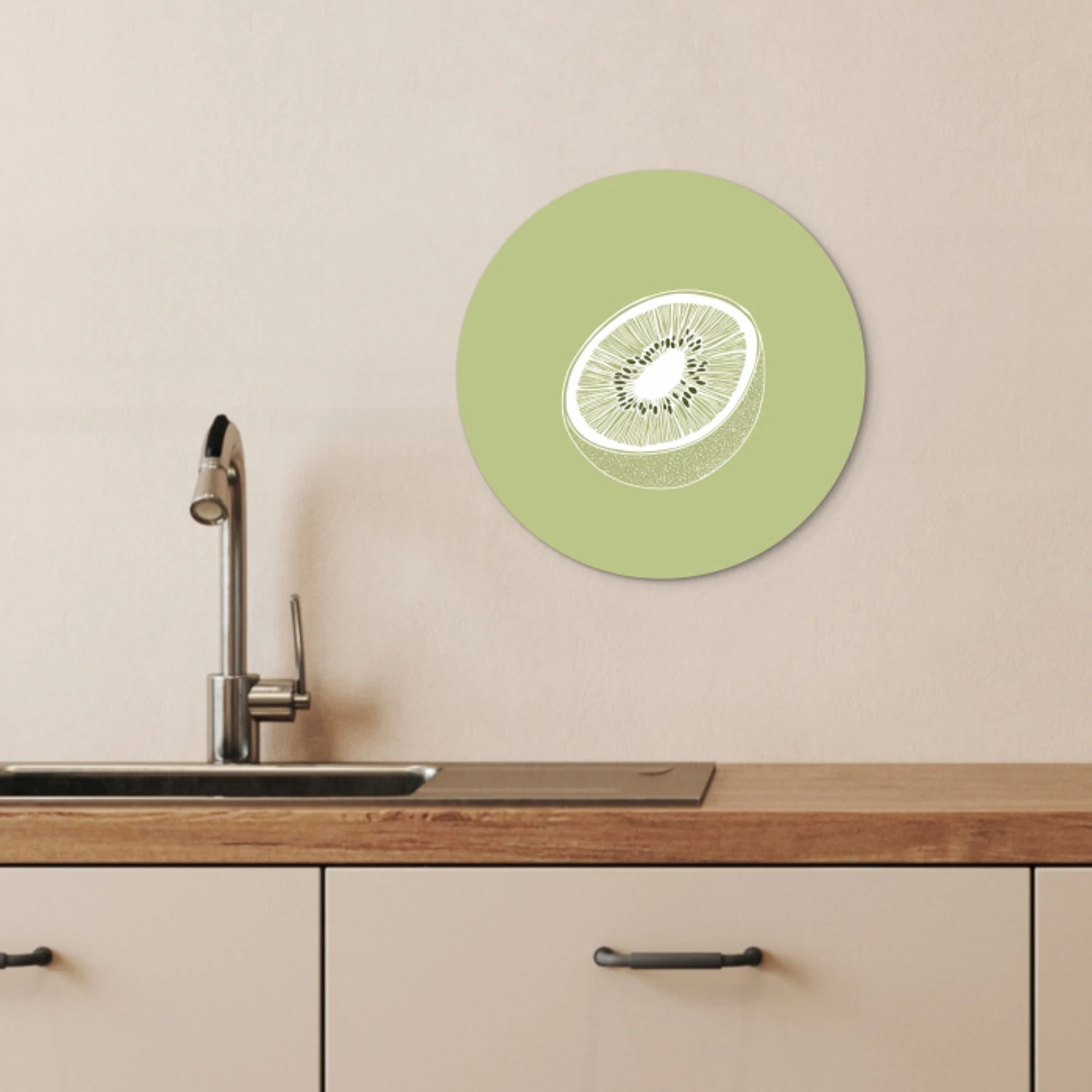 Kiwi - Lijntekening - Minimalistisch - Groen KitchenYeah - Keuken - Wandcirkel Forex klein -sfeer3