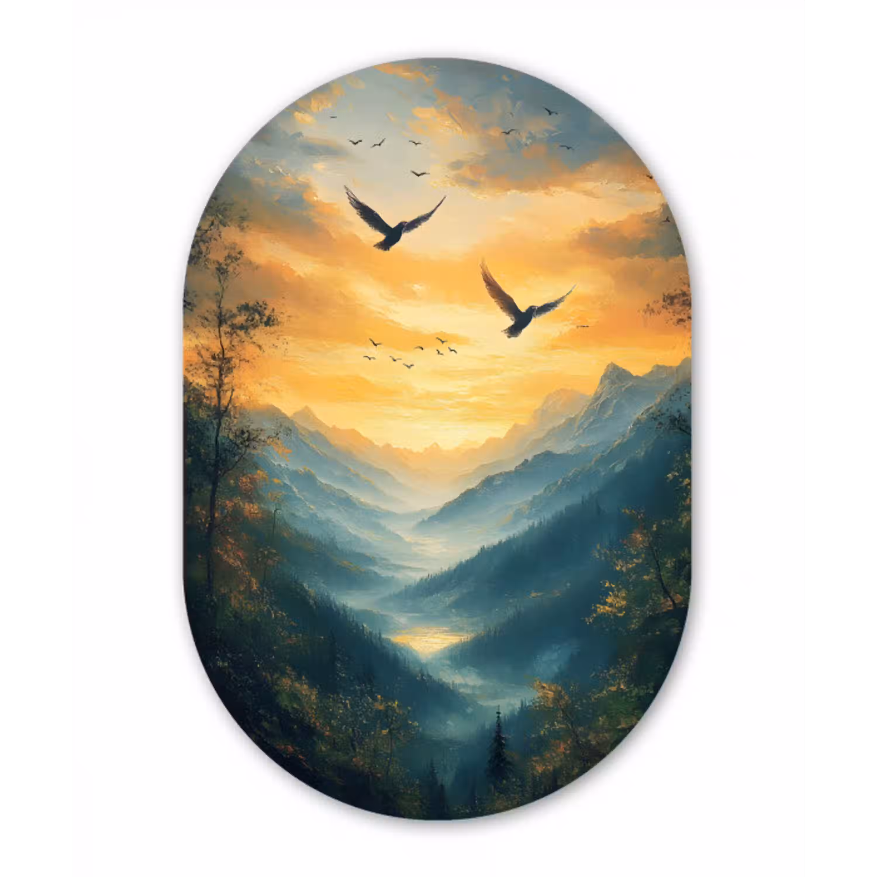 Vogels - Zon - Bomen - Groen Wandcirkel Ovaal Glas middel -3d