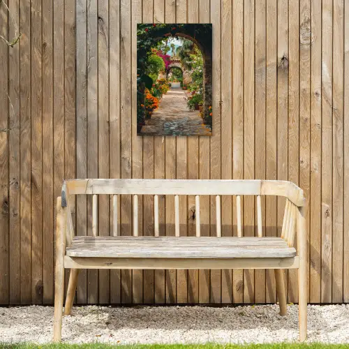 Doorkijk - Bloemen - Poort - Stenen Tuinposter op houten frame 2 cm dik klein -sfeer4
