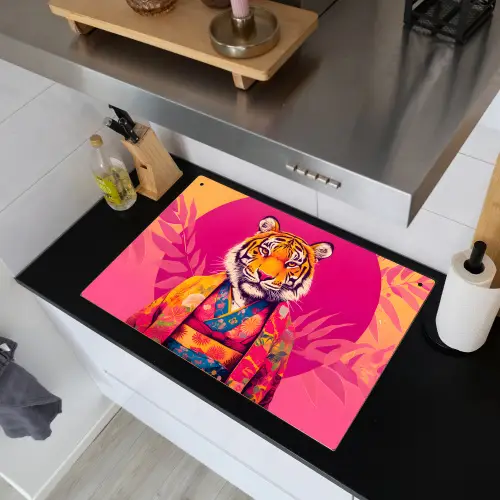 Tijger - Kimono - Planten - Roze Inductie beschemer met haakjes klein -sfeer1