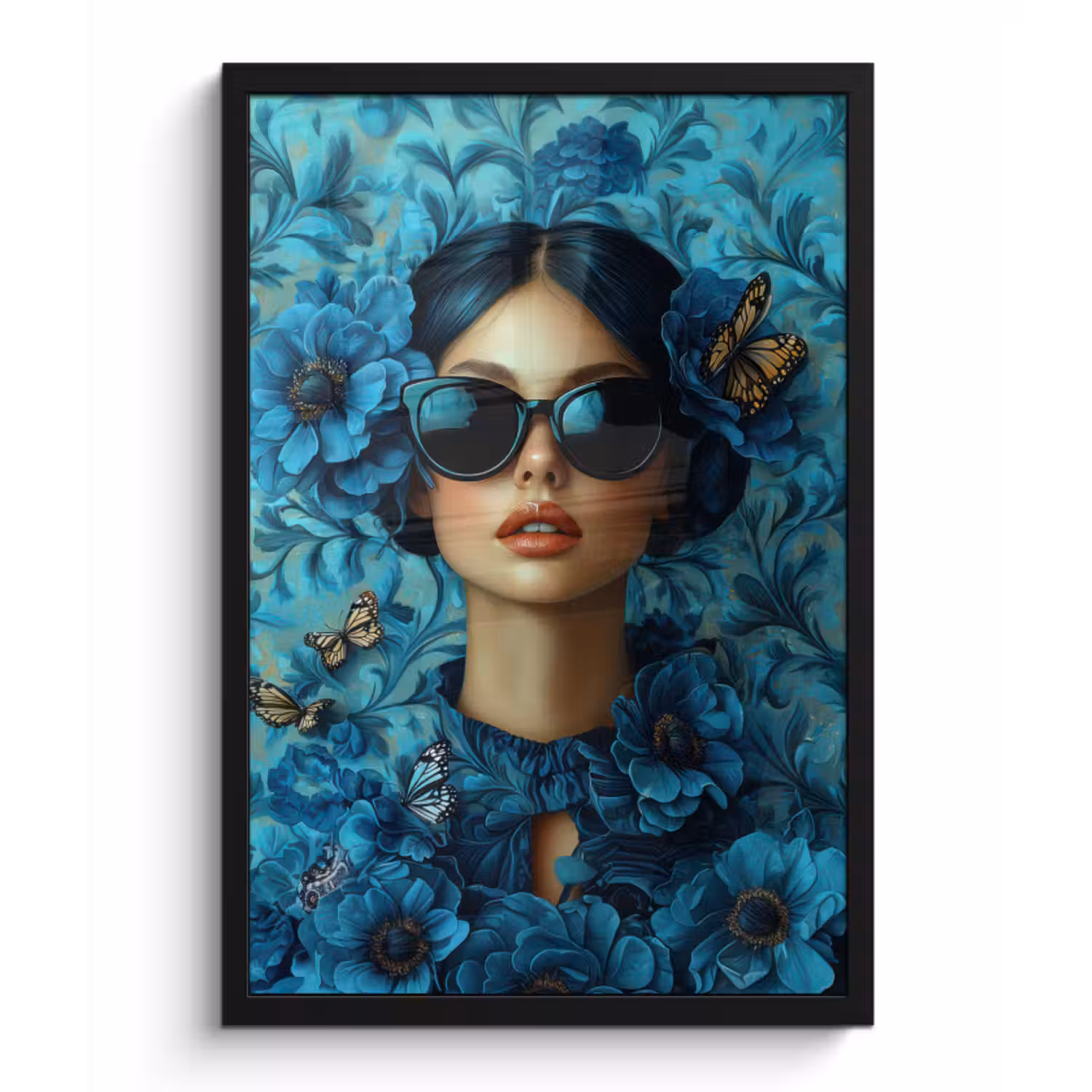 Poster met lijst - Vrouw - Bloemen - Vlinders - Blauw - Abstract