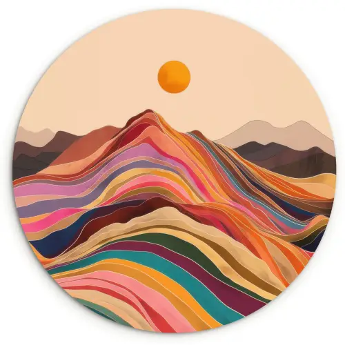Zon - Kleurrijk landschap - Bergen Wandcirkel kunststof plaat 5mm dik klein -3d