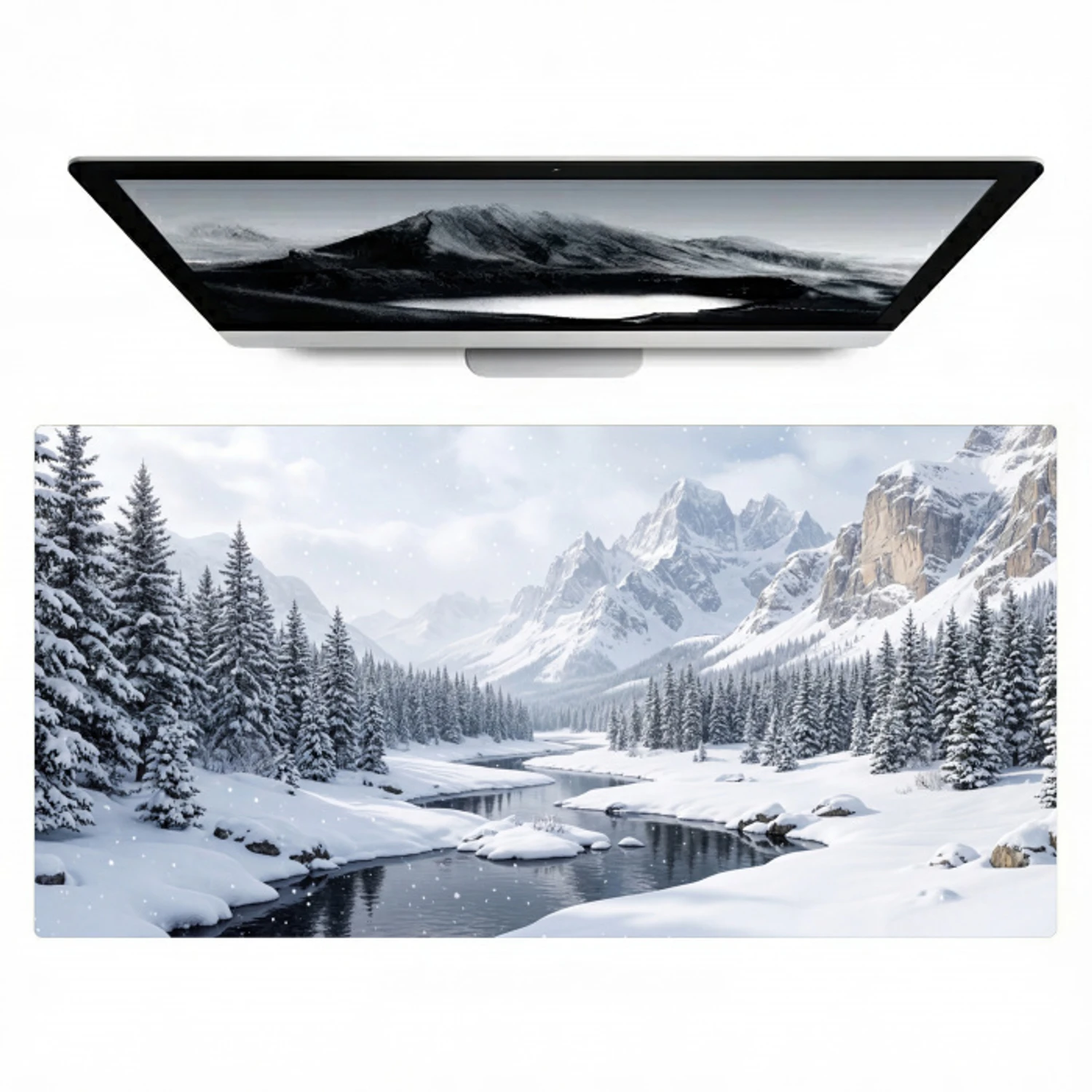 Sneeuwlandschap - Bergen - Rivier - Winter Muismat XXL klein -zzz3d