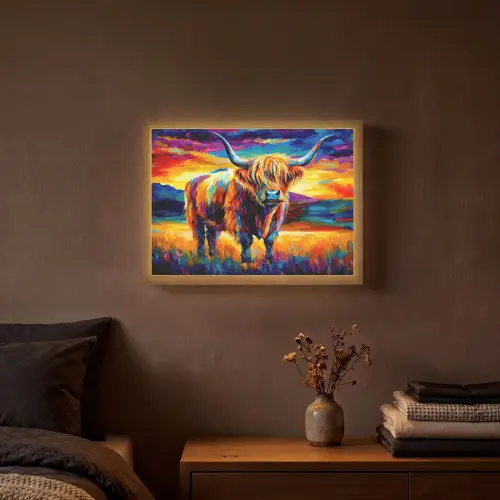 Schotse hooglander - Kunst - Koe - Dieren - Landschap Light Box met batterij (Wandlamp) middel -sfeer4