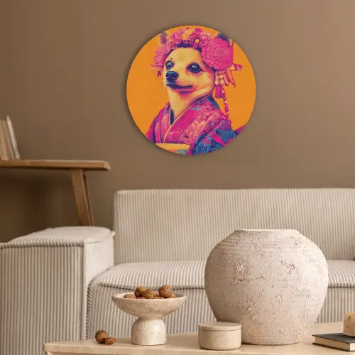 Kimono - Hondje - Bloemenkroon - Oranje Akoestische PET Vilt - Rond klein -sfeer1