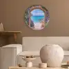 Doorkijk - Poort - Zee - Strand - Rotsen Akoestische PET Vilt - Rond klein -sfeer1