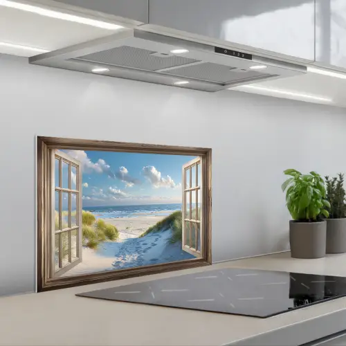 Doorkijk - Strand - Raam - Duinen - Zee keuken achterwand spatscherm klein -3d_schuin