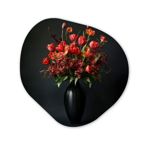 Boeket - Tulpen - Vaas - Rood Wandcirkel Organisch Aluminium middel -3d